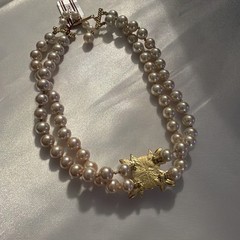 Vintage Marvella Pearl Double Strand Rhinestone Choker Necklace w/original tag