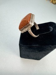 Vintage Silver Tone Goldstone Square Statement Ring Brown Cabochon Size 9