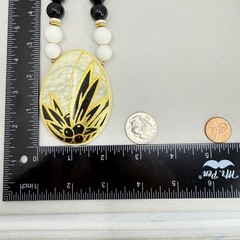 Vintage Japan Beaded Necklace Black White Gold Leaf Pendant Mid Century Modern