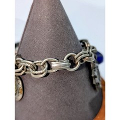 Vintage Silver Toned Fold Over Clasp Etruscan Heraldic Fob Chunky Charm Bracelet