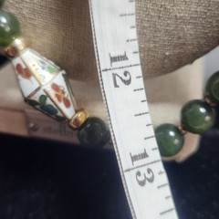 Green Nephrite Jade Beaded Necklace Floral Cloisonne Enamel Accents 26in