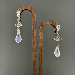 Vintage Earrings AB Crystal Dangle Silver Tone Filigree Briolette Teardrop Clip