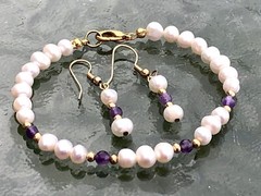 Vintage Genuine Pearl And Lavender Purple Amethyst Bead Bracelet & Earrings