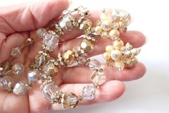 Vintage Signed Vendome Crystal Necklace & Earrings Set Clear & Gold Beads AB