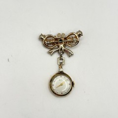 Vintage Benrus Rhinestone Flower Crystal Bow Brooch Pin Watch Pink Gold Tone