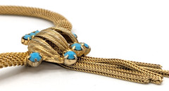 Vintage Mesh Tassel Fringe Necklace Faux Turquoise Gold Tone Victorian Revival