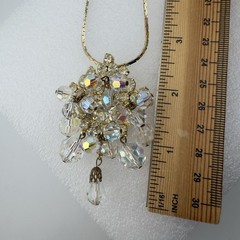 Vintage AB Glass Crystal & Clear Rhinestone Dangle Pendant Brooch &Gold Necklace