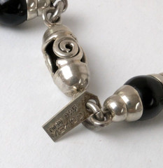925 Taxco Sterling Silver Black Onyx Gem Bead & Barrel Long Chain Necklace 32″