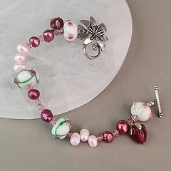 Glass Beaded Bracelet Lampwork Pink Freshwater Pearl Handmade 6.75″
