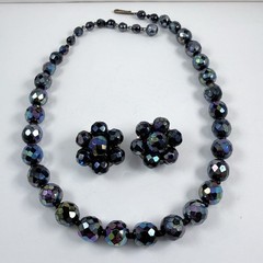 VTG West Germany Peacock Aurora Borealis Crystal Beaded Necklace & Clip Earrings