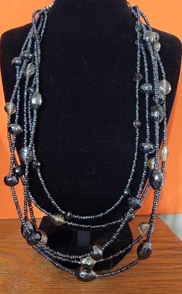 Black vintage-style Bohemian multi-strand glass bead necklace 20″