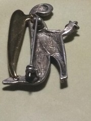 LIZ GATTA Angel Pin Brooch Silver Pewter GOLD TONE Signed Safety Catch Designer