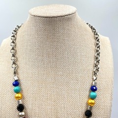 VTG Retro Multi-Color Beads Faux Stone Necklace Silver Tone Orange Resin Pendant
