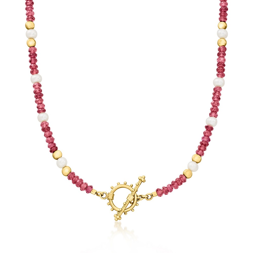 Vint 5x4mm Cult Prl & Rhodo Garn Toggle Ncklc in 18k Gold 18.5 inches