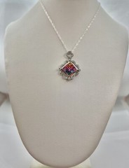 Vintage Rainbow Color Faceted Square Sterling 925 Diamond Shape Pendant Necklace