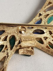 Vintage 60s Crown Trifari Modern Mosaic Blue & Green Poured Glass Bow Pin 3″