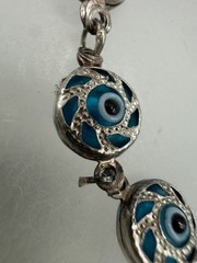 ESTATE STERLING SILVER SWIRL EVIL BLUE EYE BEAD GOOD LUCK LINK BRACELET