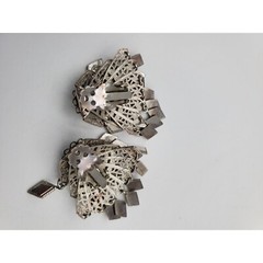 Silver tone diamond shape metal clip on dangle drop earrings 1 3/4″