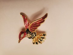 Hummingbird Brooch Features Gold-Tone Finish With Red And Black Enamel Detailing