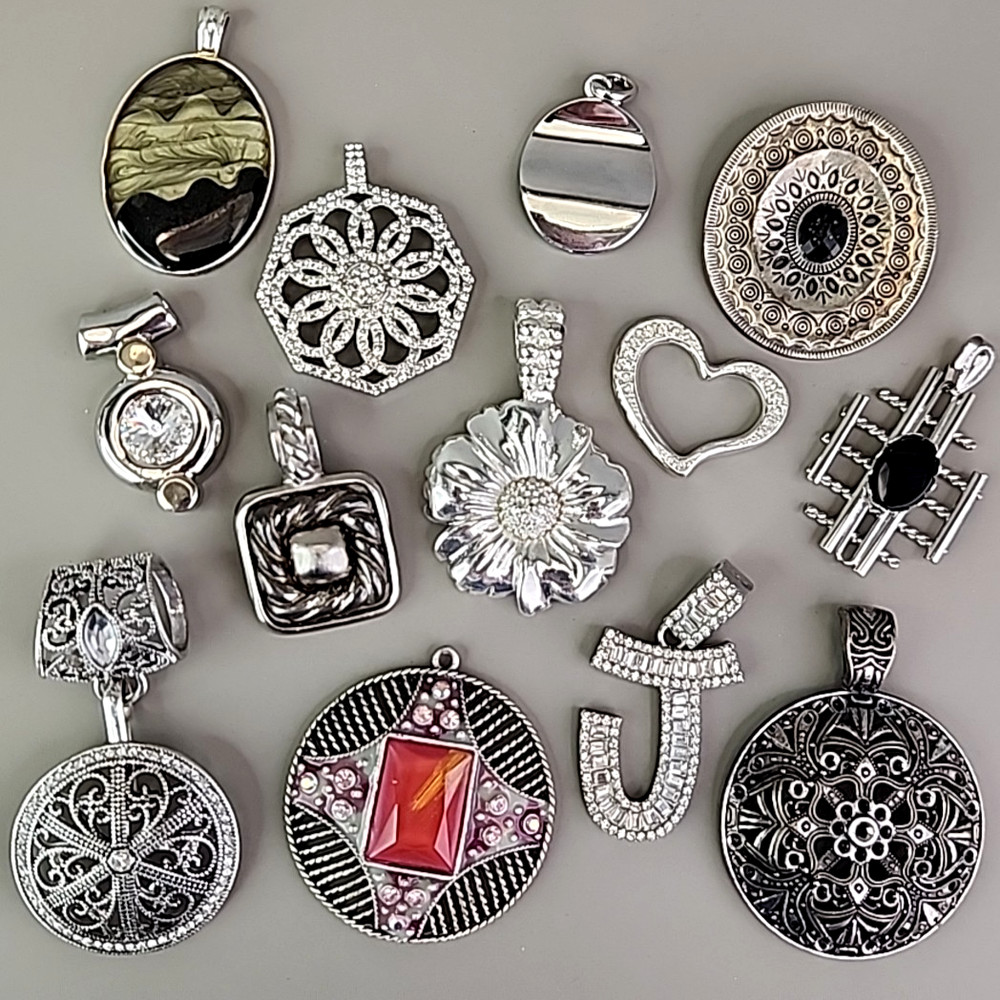 Vintage Silver Tone Pendant Lot of 13 Clear Rhinestones Enamel Chunky KC Best