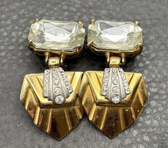 Vintage Runway Art Deco Style Crystal Drop Clip On Earrings Gold Tone Chunky