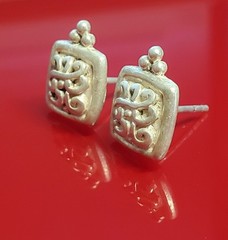 VTG 925 SD Square Stud Earring 0.5in Sterling Silver 2g Artisan Scroll Tile Bead
