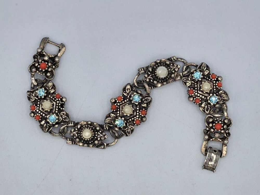 Selro Selini Bracelet Silver Tone W/ Faux Coral & Pearls Blue Crystals