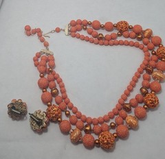 Estate Vintage Japan Orange Sugar Bead Necklace Clip Earrings Demi Parure Set