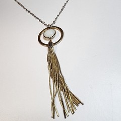 Lane Bryant Chain Tassel Necklace Vintage Gold Tone Signed Long 32″ White Stone