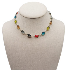 Choker Multicolor Crystal Station Gold Tone Patented Side Clasp Necklace 14.5 In