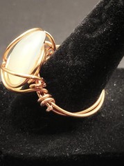 Uranium white glass cabochon hand wired copper ring size 8