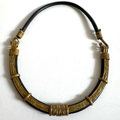 Vintage Black Leather Brass Artisan Choker Necklace Tribal Boho Statement Collar