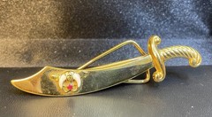 Vintage Gold Tone Scimitar Clip Brooch with Crescent Motif & Red Rhinestone