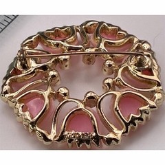 VTG Kramer Signed Brooch Pink Thermoset Tulip Wreath Clear Rhinestones 2.25in