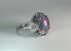 Estate Black AUSTRALIAN RAINBOW FIRE OPAL & Tanzanite Topaz Sterling Silver Ring