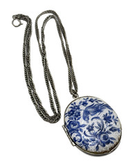 Vintage Guilloche Locket Blue White Enamel Bird of Paradise Floral 24″