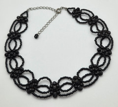 Black Seed Bead Faceted Bead Loop Floral Choker Necklace 15.5 Inch Vintage