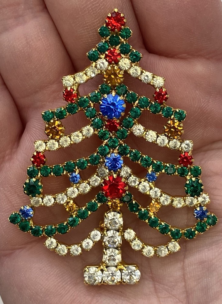 Colorful Sparkling Christmas Tree Brooch Vibrant Rhinestones Prong Set Pin