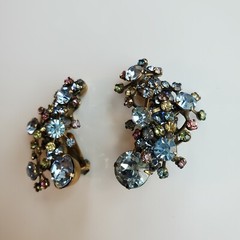 Multi Color Glass Rhinestone Clip Earrings Flower Ear Climber Crescent READ