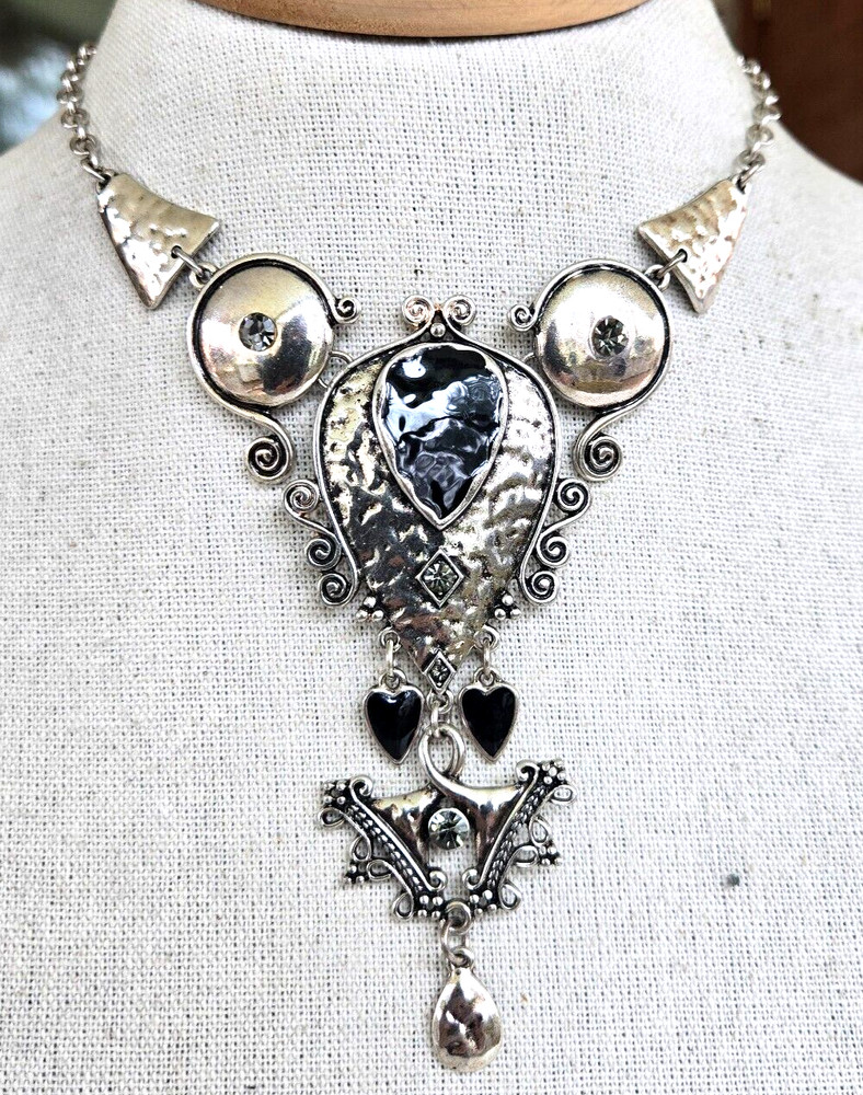 Vintage Black Diamond Rhinestone Enamel Silver Tone Statement Necklace 17.75″