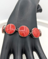 Vintage Stone Bracelet Sterling Silver 925 Composite Red Bezel Set Toggle 7-8″