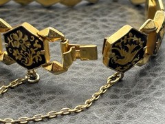 Vintage Damascene Gold Plated Hexagon Black Enamel Phoenix Bird Bracelet 7.25”