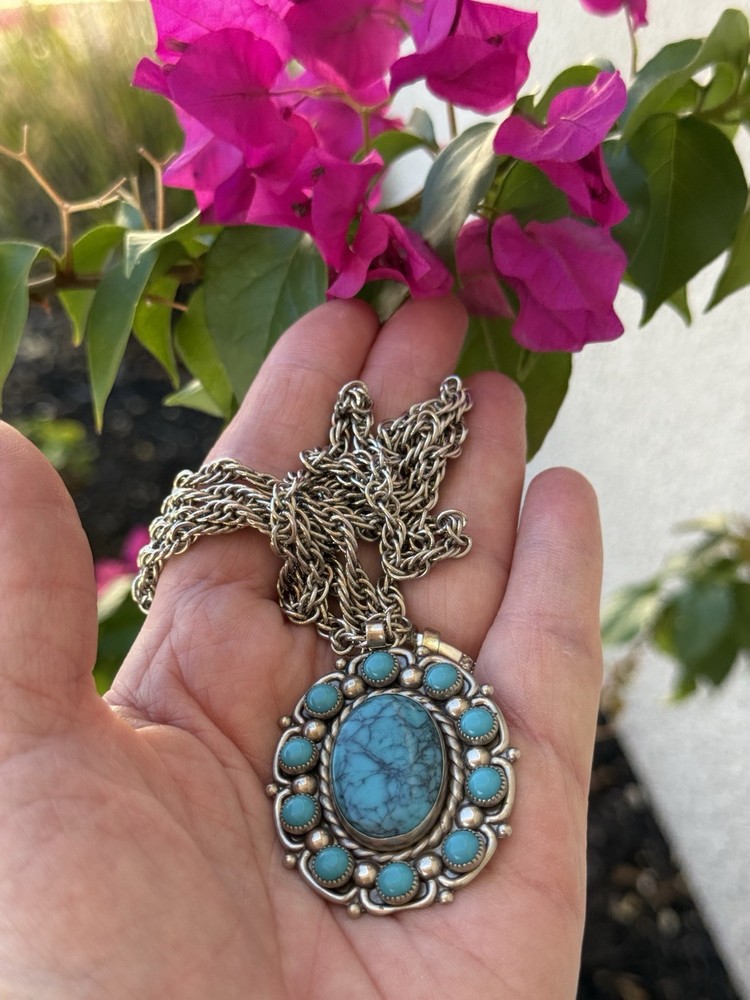 Vintage Bell Trading Nickel Silver Simulated Turquoise Pendant Necklace 29”