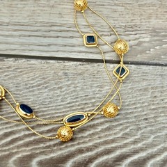 Triple Strand Enamel & Gold Tone Beaded Station Chain Necklace