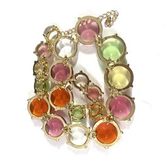 Gripoix Style Riviere Necklace Choker Pink Green Gumdrop Cabochon Gold Tone