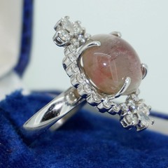 Unusual Cat’s eye Watermelon Tourmaline & Diamond 14K Ring
