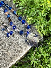 Vintage Cobalt Blue Gold Venetian Art Glass Leaf Pendant Necklace Jewelry Set