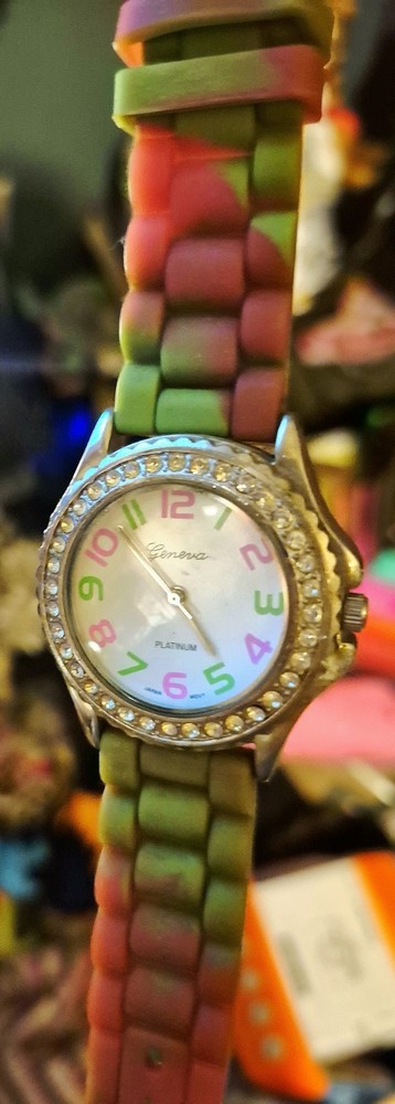 2 Vintage Geneva Watches Red/Multicolor Silicone Strap W/rhinestones