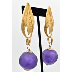 Vintage Chunky Leaf Clip On Earrings Brushed Gold Frosted Purple 80s 1980s BinBK