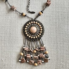 VTG VCLM Signed Boho Statement Medallion Necklace Peach Wood Bead Fringe Fringe